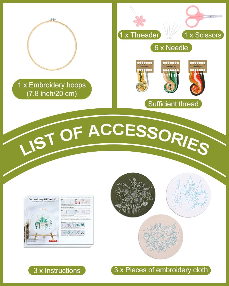 Santune 3 Sets Embroidery Kit for Beginners Needlepoint Cross Stitch Kits for Adults,Stitch Learning DIY Sets with Instruction Video,Stamped Floral Patterns,Hoop,Threads,Sewing Hobby - Image 5